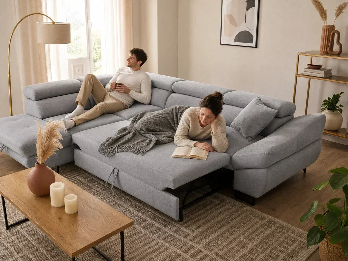 A light gray modular sectional sofa in a bright, modern living room, with a man reclining on the left section and a woman reading on the chaise on the right.
